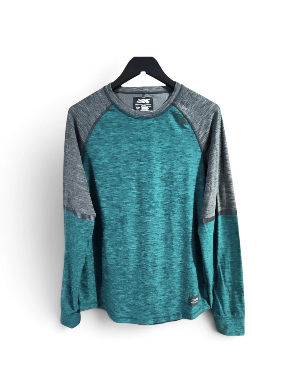 American Eagle Active Flex Raglan Long Sleeve Shirt, Marled Teal/Gray, Men’s Med